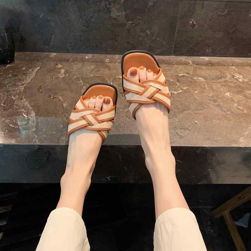 サンダル レディース 夏 カジュアル スクエアトゥ クロスストラップ 編み込み フラット ぺたんこ