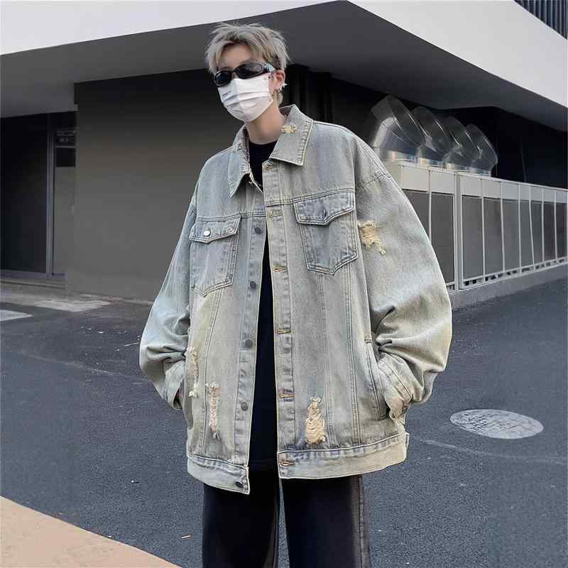 Other - ジャケット 男性用 デニム ダメージ加工 ウォッシュド ブルゾン Gジャン アメカジ ストリート 接触冷感 伸縮性 通気性 アウター トップス