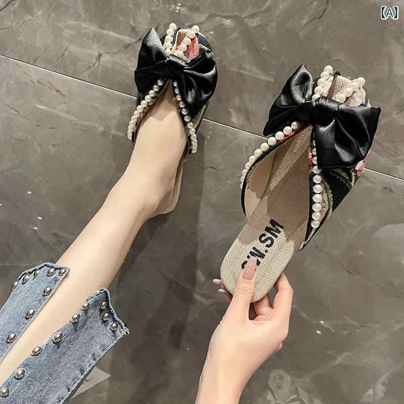 サンダル レディース ぺたんこ フラット底 スリッパ バブーシュ 花柄 パール 蝶結び 普段使い リゾート 春夏