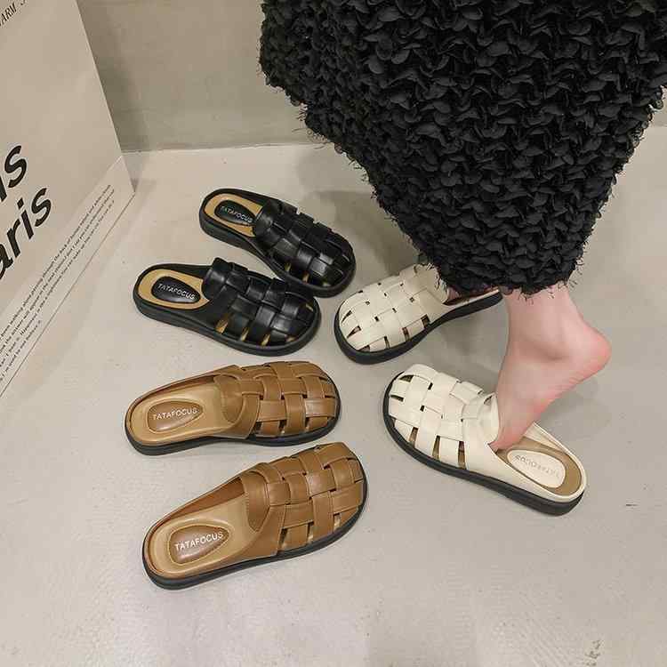 サンダル レディース 厚底 レトロ 編み込み スリッパ ぺたんこ つっかけ フラット ローヒール 真皮 レザー 普段使い おしゃれ かわいい 歩きやすい
