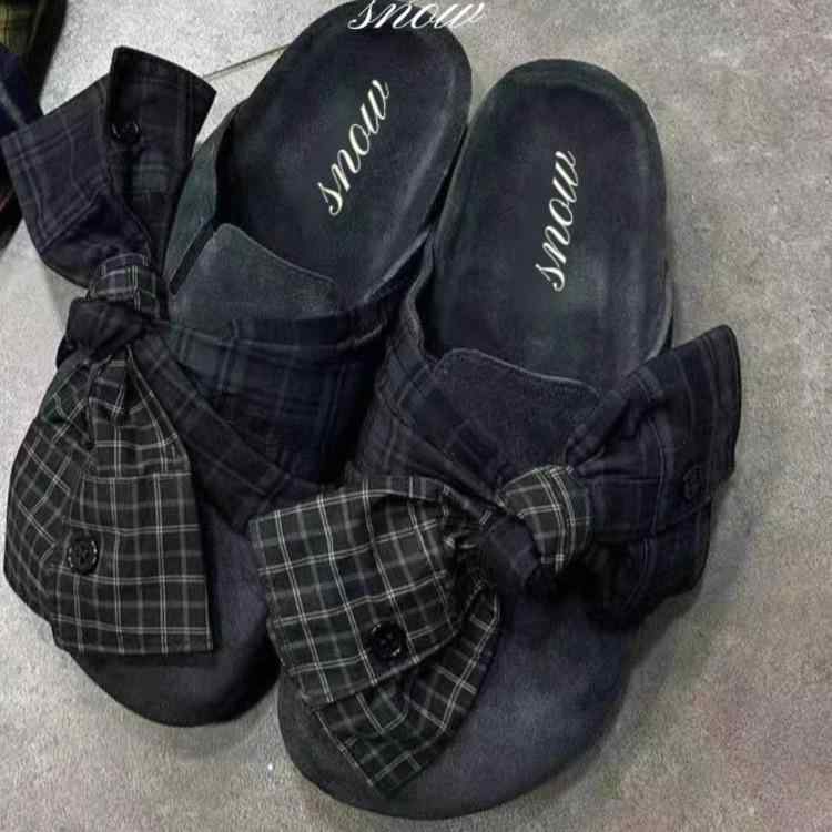 サンダル レディース デニム バブーシュ スリッパ 蝶結び 格子柄 ヴィンテージ 普段使い 外履き つっか..