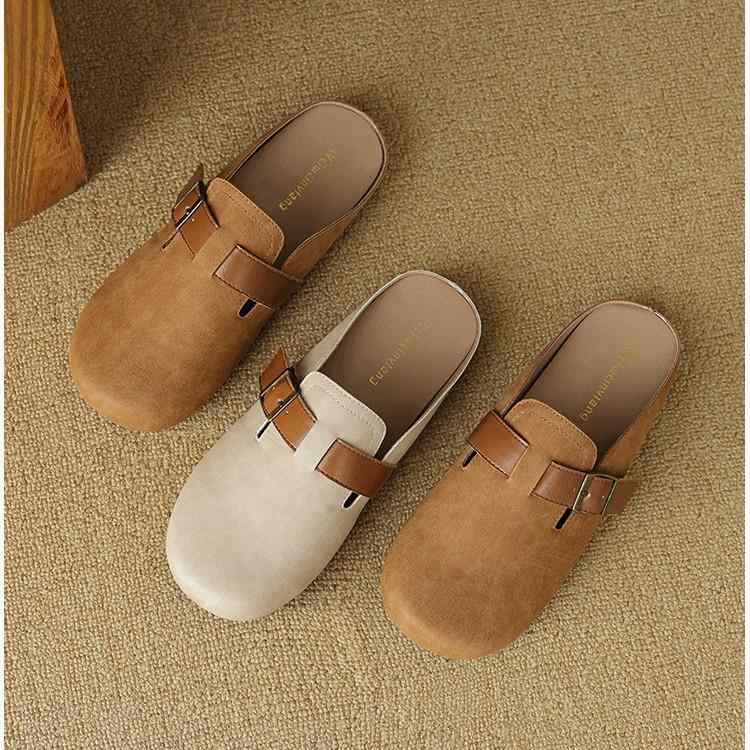 サンダル レディース 春夏 ボストン風 スリッパ バックル フラット ローヒール ぺたんこ 歩きやすい 履きやすい つっかけ おしゃれ かわいい レトロ
