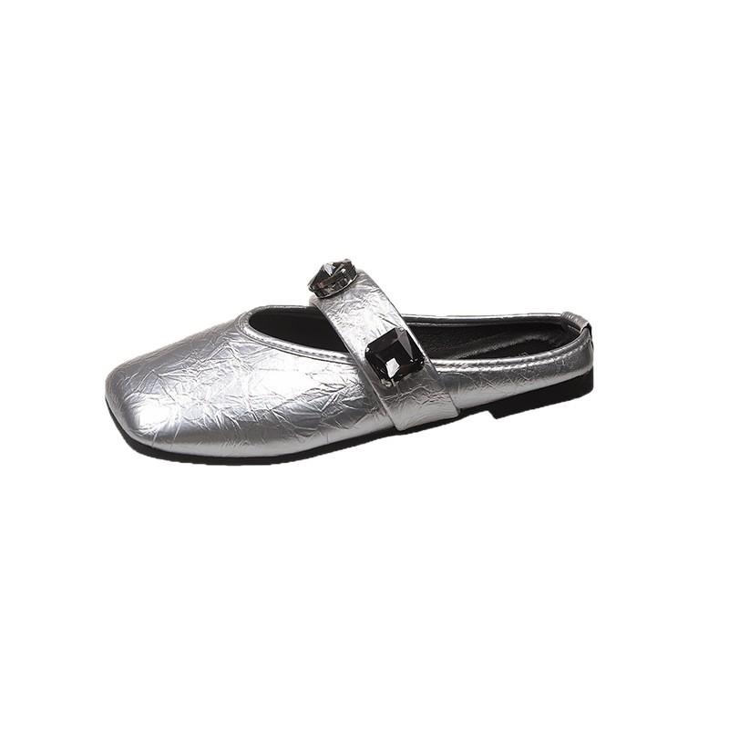 サンダル レディース 春夏 ミュール ビジュー スクエアトゥ ぺたんこ ローヒール スリッパ フラット 履きやすい 歩きやすい 滑り止め ..