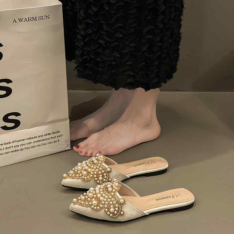 靴 レディース レース フラット ポインテッドトゥ サンダル スリッパ パール ビジュー ぺたんこ 歩きやすい かわいい おしゃれ 普段使い 中国風 气质 春夏