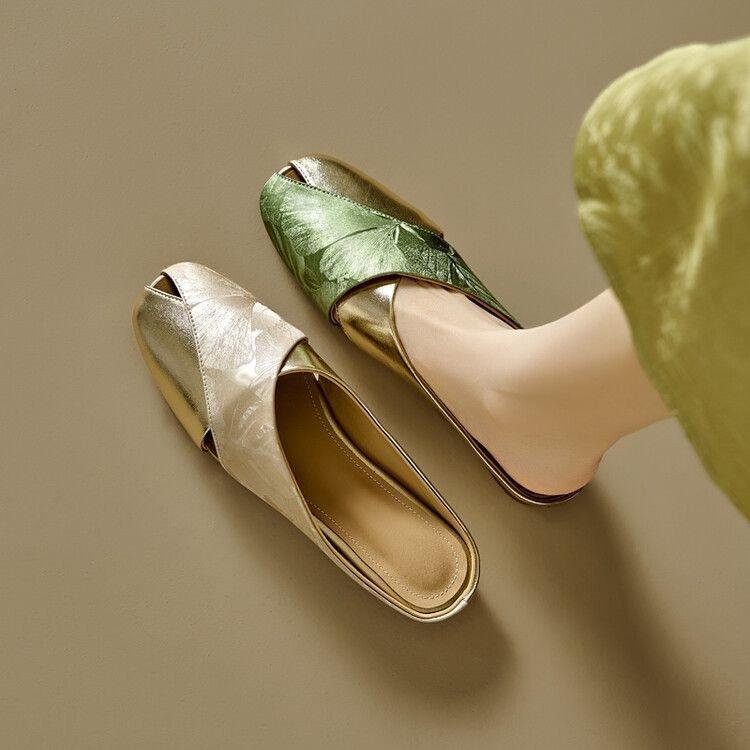 サンダル レディース 婦人靴 フラット ローヒール スリッパ スクエアトゥ 切り替え プリント柄 民族風 エスニック ぺたんこ 履きやすい 痛くない 歩きやすい 柔らかい フェイクレザー2