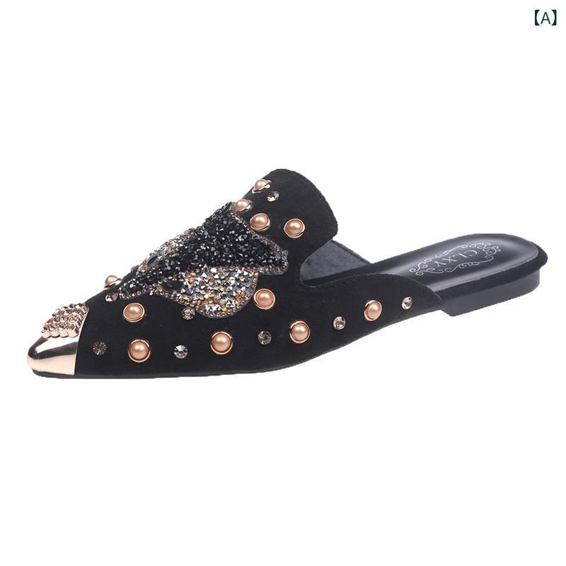 サンダル レディース フラットシューズ 水晶 キラキラ スタッズ 飾り ポインテッドトゥ スリッパ ローヒール ぺたんこ 歩きやすい 履きやすい かわいい おしゃれ カジュアル リゾート 春夏