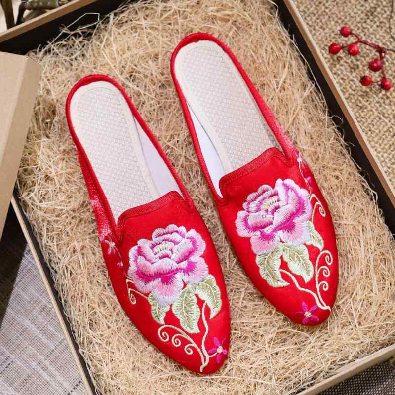 サンダル レディース ミュールサンダル 涼しい 快適 履きやすい 刺繍 布 フラット ぺたんこ ポインテッドトゥ ファッション カジュアル 春夏