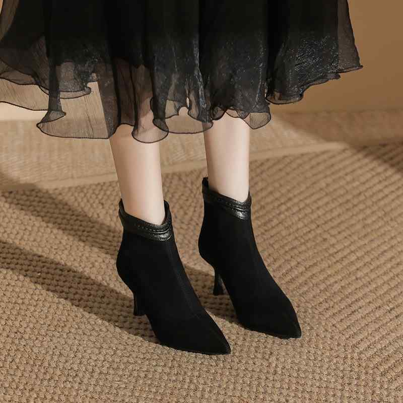 ブーツ レディース 秋冬 ベルベット調 ポインテッドトゥ ハイヒール ショートブーツ ソックスブーツ ファスナー付き ストレッチ 美脚効果