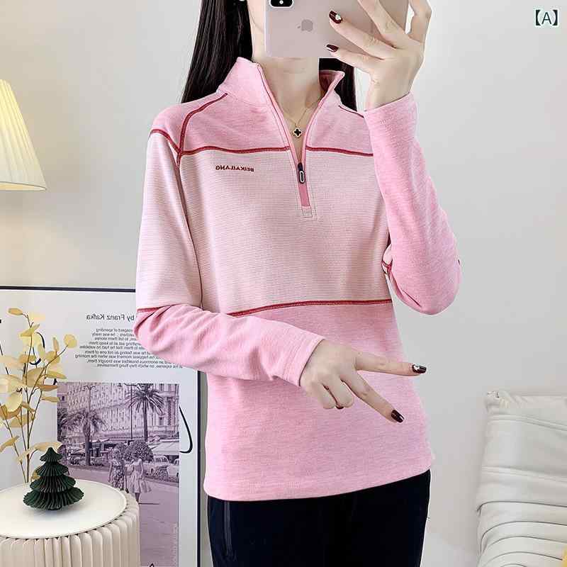 フリース レディース 春秋 薄手 長袖 伸縮性 細見え ランニング トレーニング ヨガウェア スタンドネック スウェット トップス インナー