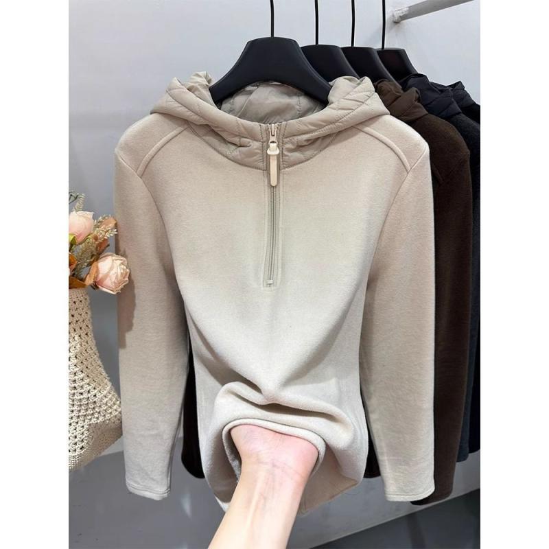 パーカー レディース 秋冬 フード付き ハーフジップ 切り替え 両面起毛 暖かい 防寒 デシン トップス 普段使い かわいい リラックス ルームウェア(4.0)