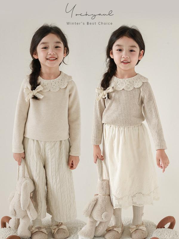 カットソー ガールズ 子供服 裏起毛 花柄 フリル襟 かわいい あったか 上品 スリムフィット