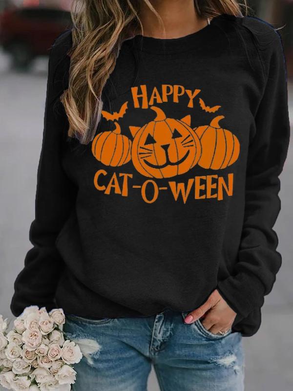 トップス レディース ハロウィン 猫 南瓜 おもしろ 長袖 トレーナー 普段使い かわいい ラウンドネック 接触冷感 伸縮性 ストレッチ