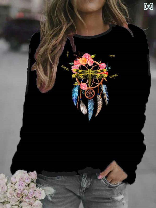 ワンピース レディース 長袖 ラウンドネック トレーナー 風鈴柄 プリント ゆったり 普段使い 部屋着 風