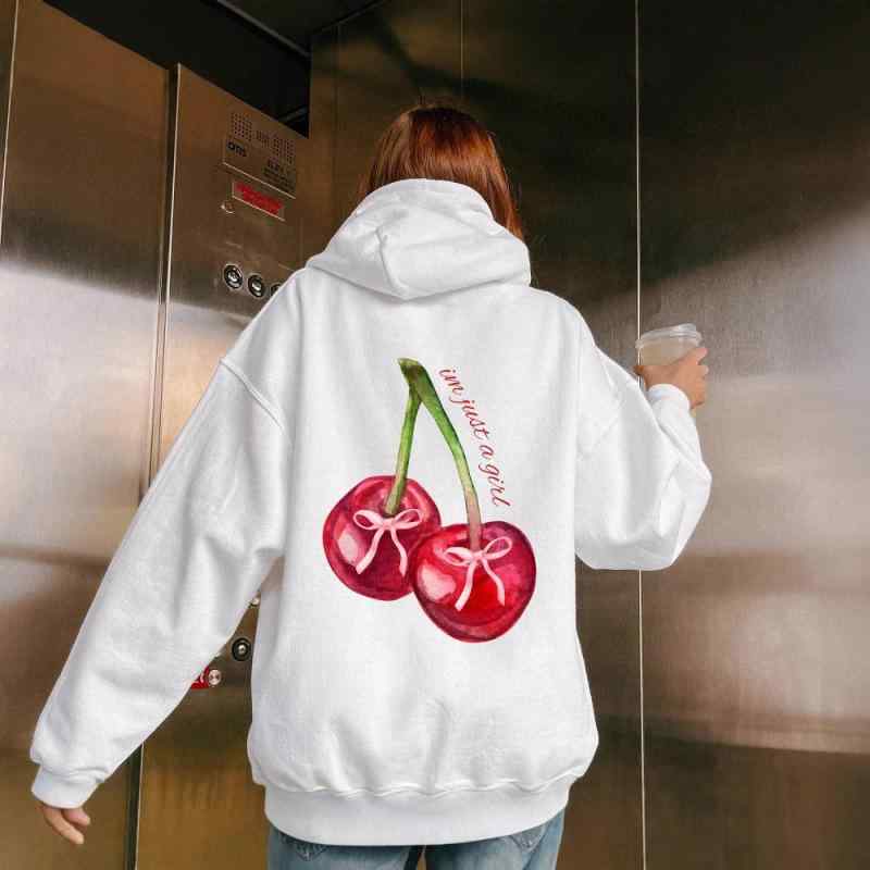 パーカー レディース ドロップショルダー リブ コケット チェリー プリント フリース スウェット かわいい 暖かい 秋冬