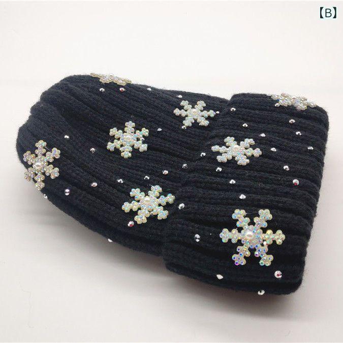 帽子 レディース 秋冬 雪柄 ニット帽 保温 水晶 ラインストーン 飾り 暖かい 裏起毛 厚手 ウール 帽子 リアルファー ポンポン付き