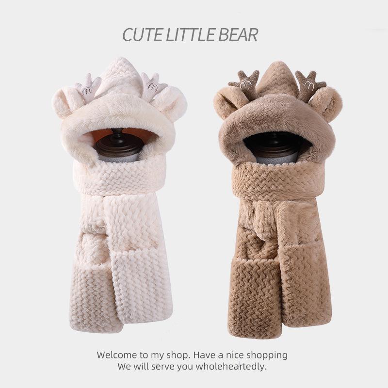 帽子 レディース かわいい 厚手 手袋 マフラー 一体型 ネックウォーマー 連帽 フェイクファー 防寒 秋冬2