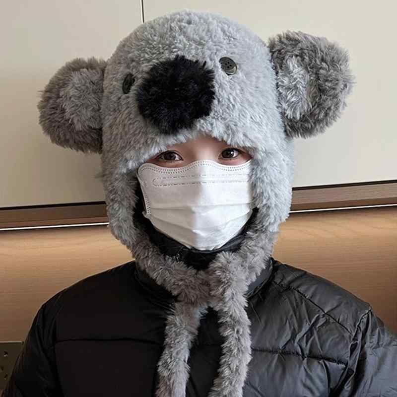 帽子 レディース かわいい コアラのぬいぐるみ 秋冬 防寒 保温 耳当て付き ひも付...