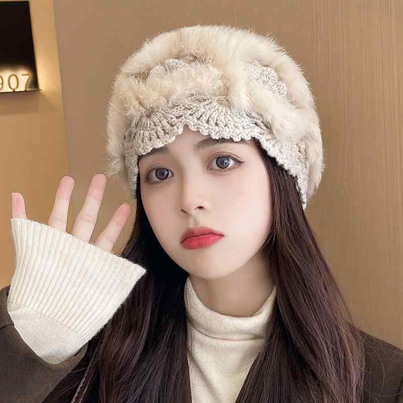 帽子 レディース 秋冬 防寒 保温 手編み風 ニット帽 ファー かわいい 花柄 包頭帽 暖かい ウール
