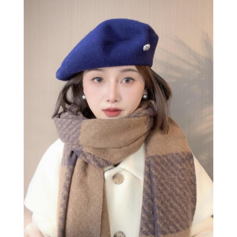帽子 レディース 秋冬 ベレー帽 羊毛 小顔効果 ボタン 無地 合わせやすい レトロ 画家帽子 ウール
