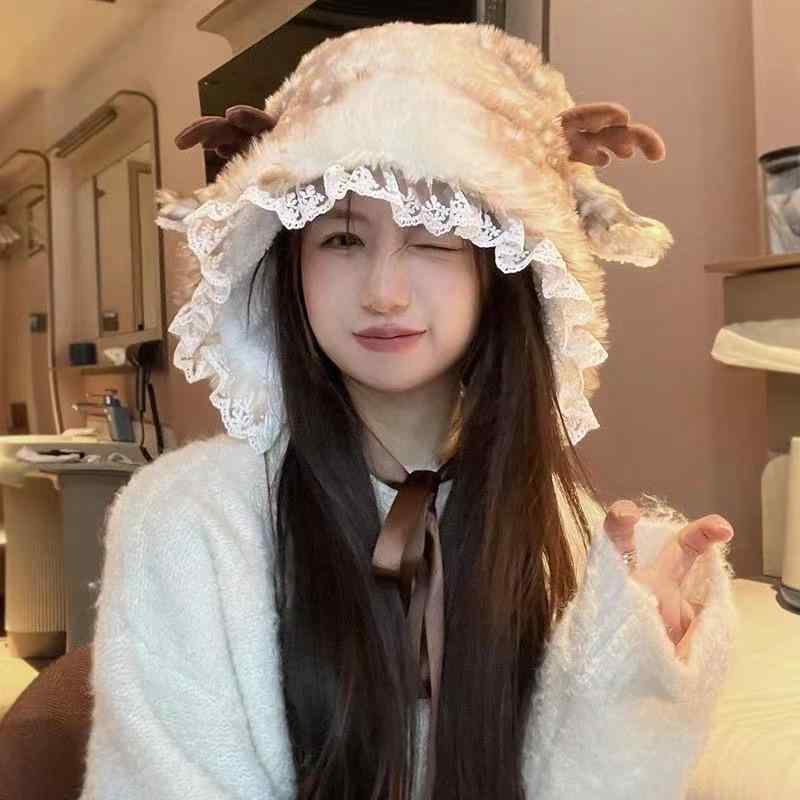 2帽子 レディース 秋冬 韓国 かわいい 小顔効果 厚手 防寒 耳あて付き 雷鋒帽 トナカイ 鹿の角 おしゃれ・製品カテゴリ: 雷锋帽・帽子の種類: 圆顶・つばの形状: 無し・色: レース花柄, 無地・サイズ: M（56-58cm）・機能: 通気性, 保温・スタイル: 日韓, 韓国・生地: 毛織