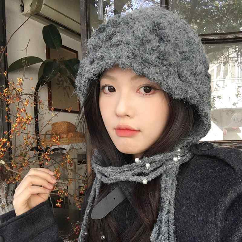 帽子 レディース 秋冬 暖かい 小顔効果 フリンジ ウール ニット帽 防寒 耳あて gray 包頭