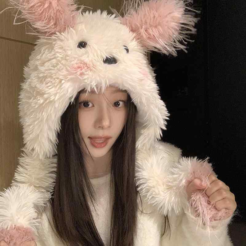 帽子 レディース 秋冬 加厚 保温 耳あて付き かわいい 小犬 大頭囲 ぬいぐるみ ハット 防寒 あったか モコモコ ふわふわ
