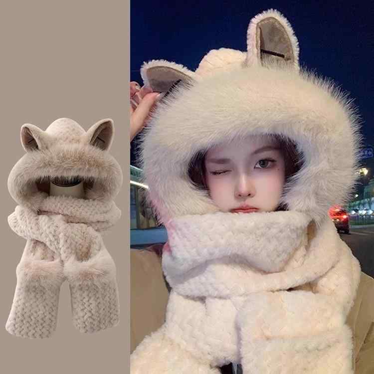 帽子 女の子 秋冬 ニット帽 かわいい 裏起毛 防寒 あったか ふわふわ もこもこ 猫耳 ウサギ耳 耳当て付き スヌード 一体型 キッズ 子供