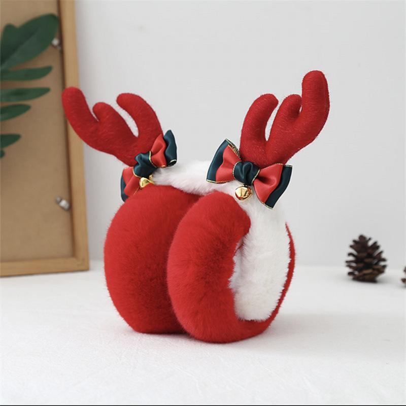 耳あて 秋冬用 防寒 かわいい鹿の角 クリスマス テーマ 赤 フリース イヤーマフ レディース 韓国 耳カバー 厚手2