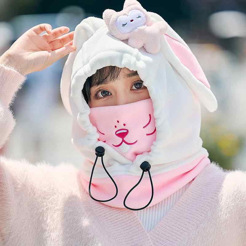 帽子 かわいい ウサギ耳 ニット帽 マスク ネックウォーマー 一体型 レディース 秋冬 防寒 耳あて ヘルメット インナーキャップ 自転車 バイク2
