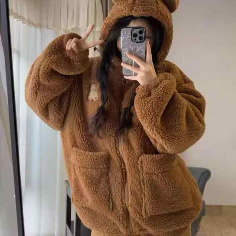 ルームウェア レディース 秋冬 パジャマ 上下セット 暖かい あったか ふわふわ 厚手 フード付き ベア柄 部屋着 寝巻き 舒棉绒 珊瑚绒 かわいい