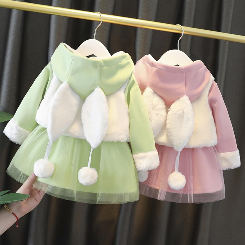 ワンピース キッズ 子供 女の子 長袖 プリンセス スカート ベスト付き 2点セット 秋冬 かわいい おしゃれ 1歳 2歳 4歳・スタイル: 韩版・素材: 羊毛・スカートの種類: ワンピース・レベル: A类・主な素材: 綿99%・適用性別: 女・平ミシン針数: 12~14針/3cm・対象年齢: 婴幼童(1~3歳，80~100cm)・スタイル: 長袖・スカートの裾: プリンセススカート・裏地: 綿99%・カラー: 夹棉耳朵马甲裙粉, 夹棉耳朵马甲裙绿・対象身長: 80cm, 90cm, 100cm, 110cm, 120cm・製品カテゴリ: 子供用スカート
