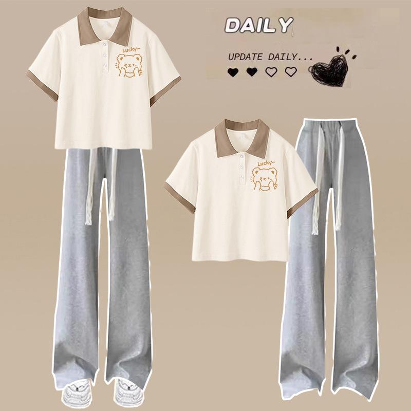 セットアップ レディース 小柄 ポロシャツ 半袖 Tシャツ ワイドパンツ 2点 上下 カジュアルスタイル 部屋着