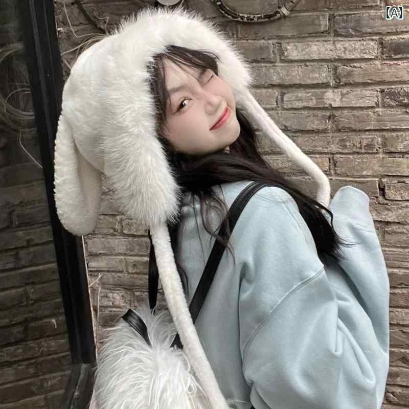 帽子 秋冬 かわいい ウサギ 耳付き 取り外し可能 防寒 小顔効果 ロング巻き髪 ウィッグ 一体型 2