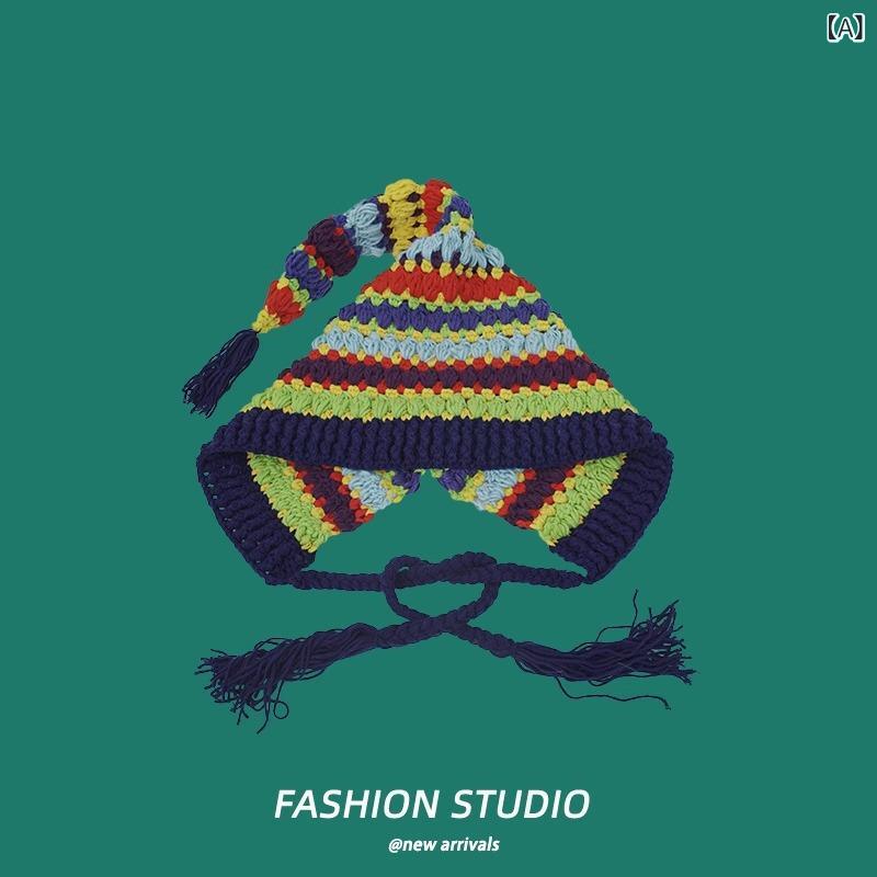 ニット帽 レディース 秋冬 レインボーカラー 厚手 防寒 保温 耳あて付き 大きめ 大頭 小顔効果 かわいい カジュアルスタイル2