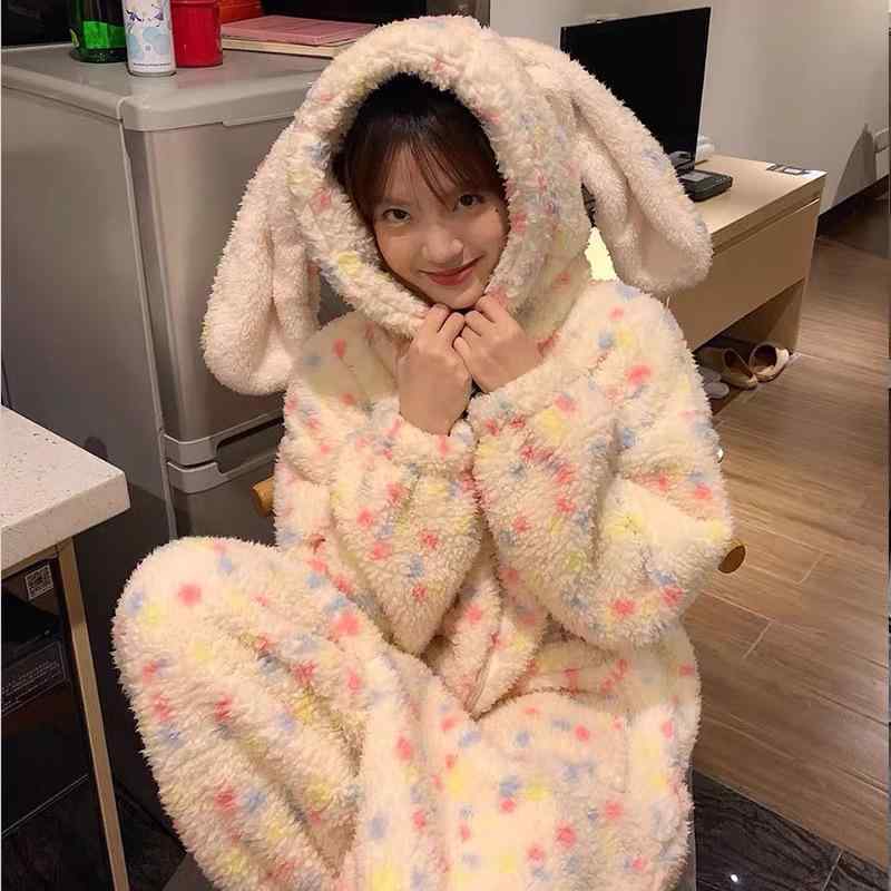 パジャマ レディース かわいい ウサギ耳 サンゴフリース 厚手 暖かい 冬用 寝間着 部屋着 ルームウェア ふわふわ もこもこ 秋冬