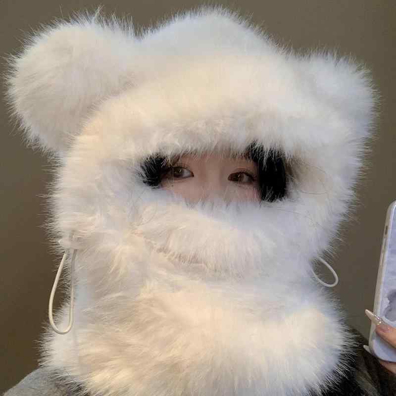 帽子 レディース かわいい 小熊 耳付き 白 ニット帽 秋冬 防寒 保温 暖かい 裏起毛 ぬいぐるみ ふわふわ あったか スキー スノボ 自転車 バイク 通勤 通学 旅行