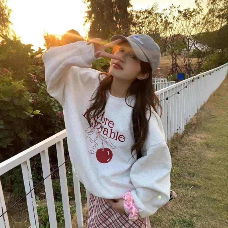 2スウェット レディース 秋冬 フルーツ柄 プリント 裏起毛 グレー ゆったり かわいい 学生 トレーナー トップス 普段使い 部屋着