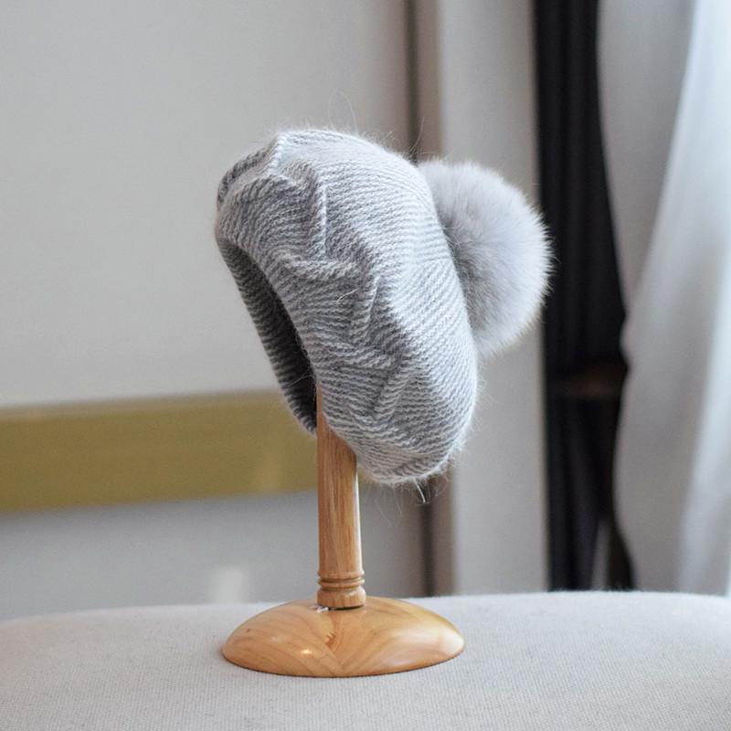 帽子 レディース 秋冬 兔毛 ベレー帽 狐 毛球 ニット帽 保温 防寒 二重 麻の花 編み 八角帽 かわいい おしゃれ