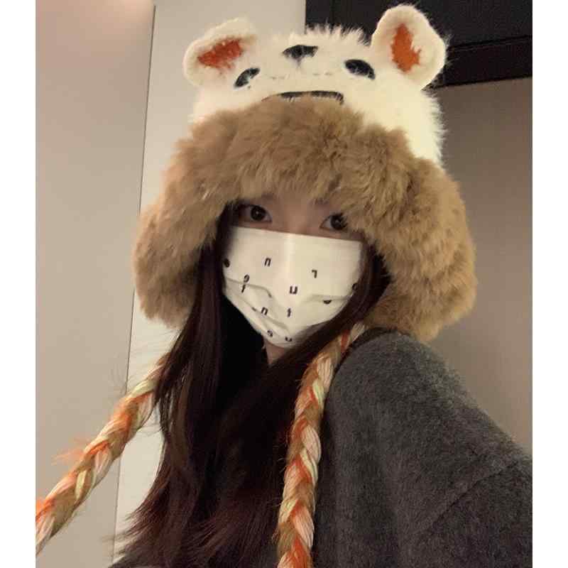 帽子 レディース 秋冬 小熊 かわいい 小顔効果 ニット帽 耳当て付き 白 モヘア ふわふわ あったか 防寒