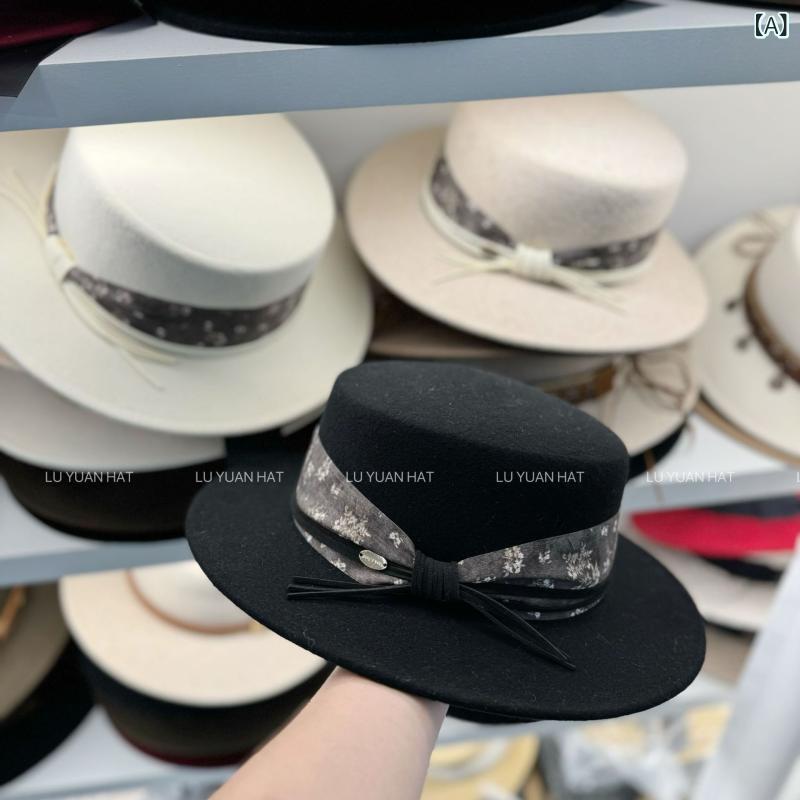 帽子 レディース 秋冬 オーストラリア産ウール フェルトハット レトロ プリント柄 おしゃれ 上品 フラットトップハット フラットブリムハット エレガント2