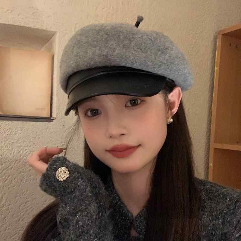 帽子 レディース 秋冬 PUレザー ウール ベレー帽 キャスケット キャップ 小顔効果 暖かい かわいい おしゃれ