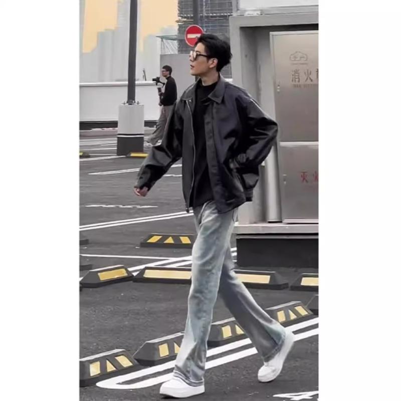 ジャケット 男性用 秋冬物 レトロ ウォッシュド デニム 切り替え 配色 ゆったり カジュアル(4.0)