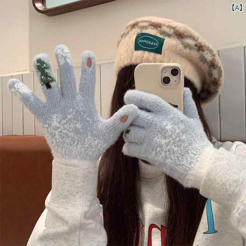 手袋 レディース 冬 ニット 露指 防寒 スマートフォン対応 クリスマス かわいい 学生 厚手 保温 2