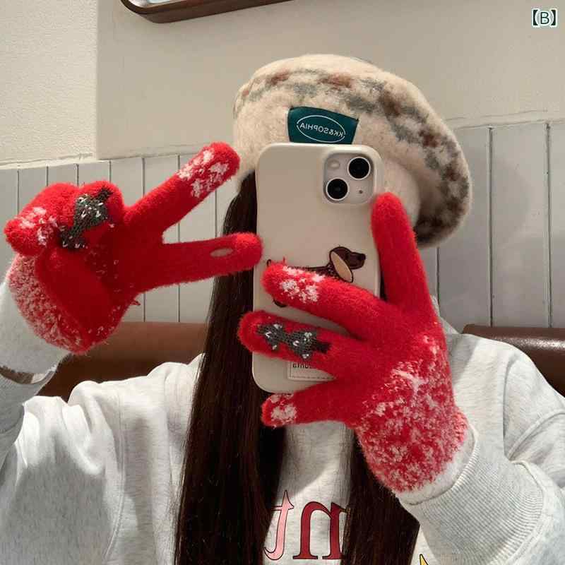 手袋 レディース 冬 ニット 露指 防寒 スマートフォン対応 クリスマス かわいい 学生 厚手 保温 3
