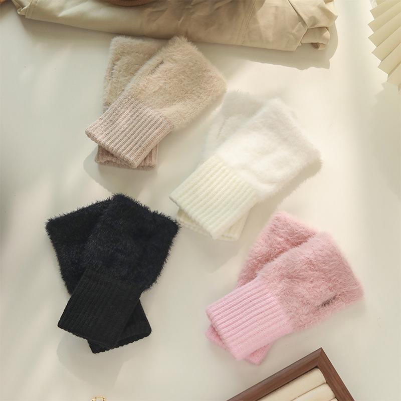 手袋 レディース ニット かわいい 秋冬 指なし ハーフ 指ぬき 学生 暖かい 防寒 モコモコ グローブ