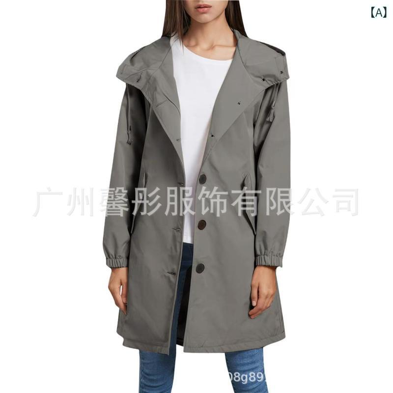 レディース フード付き ロング丈 トレンチコート 春秋 薄手 カジュアル スタイル アウター ゆったり 長袖 全8色 7分袖 膝下