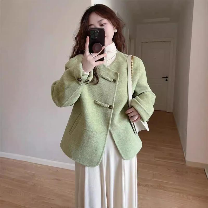 Jackets, Blazers - コート レディース 秋冬物 レトロ風 ゆったり ラウンドネック ショート丈 両面ウールコート グルーングリーン