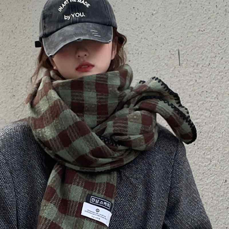2マフラー レディース 秋冬 厚手 韓国風 学生 ショール 兼用 保温 ストール レトロ チェック柄 グリーン