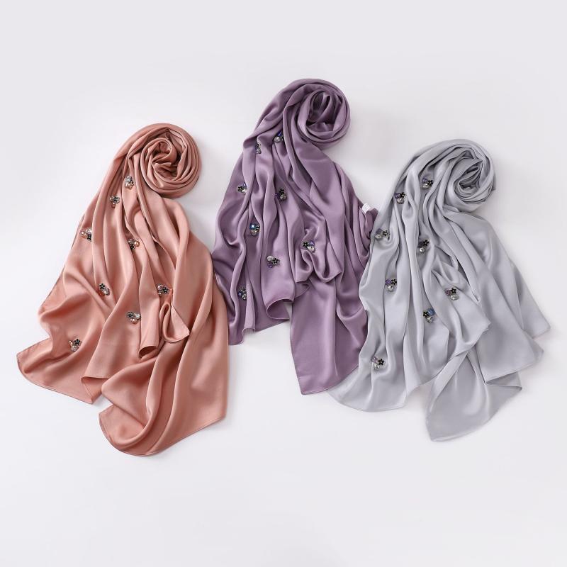 スカーフ レディース イスラム教 ヒジャブ 高密度シフォン 手縫い ブラック クリスタル ジルコニア マ..