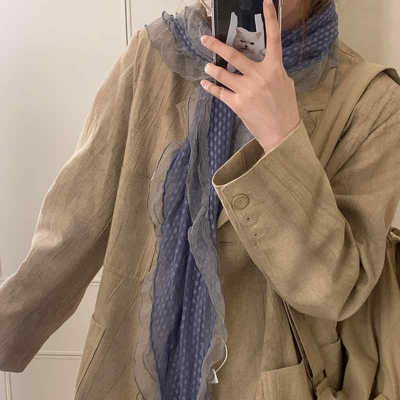 スカーフ レディース 藤井树 同型 古い 波点 レース 縁 灰色 青色 シルク 木耳 襟巻 マフラー2